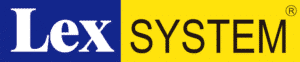 Lex-Systemlogo auf gelbem und blauem Hintergrund.