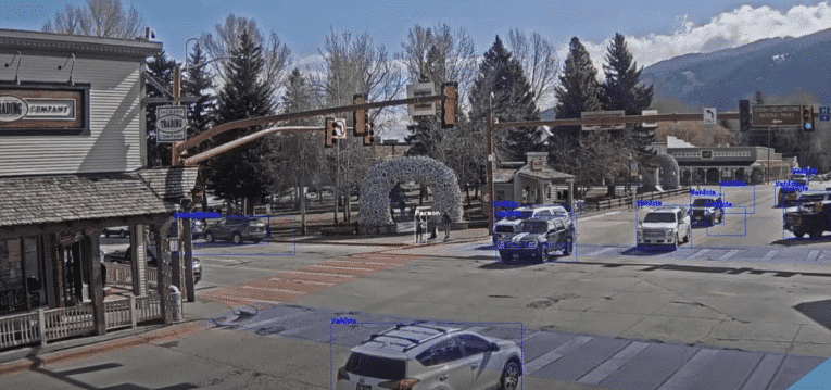 An AI Object Detection system that captures an image of a street with cars on it.