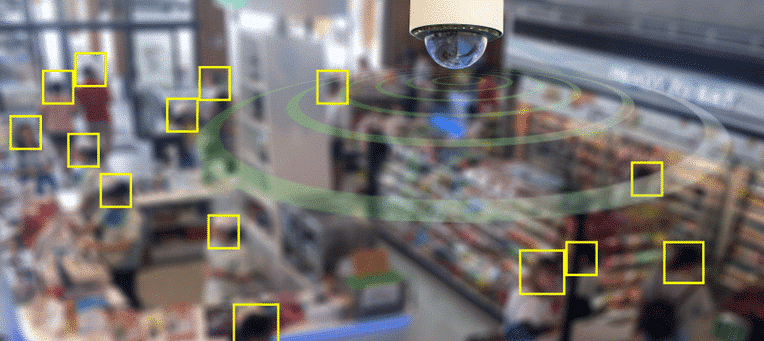 A cctv camera equipped with AI video analytics in a shopping mall.