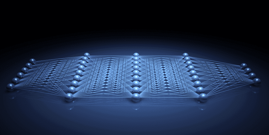 Ein 3D-Bild eines Netzwerks aus blauen Lichtern auf schwarzem Hintergrund.