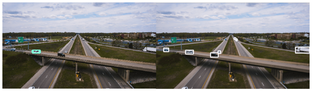 Vehicle detection example comparing SSD-MobileNet-v1 (on the left) and our YOLOv5m (on the right)