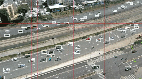 Figure 4: the Hailo-8 AI processor running the SSD_MobileNet_v1_VisDrone model as part of our TAPPAS Tiling app on a high-resolution live video feed of a busy city motorway (see can see our full demo here)
