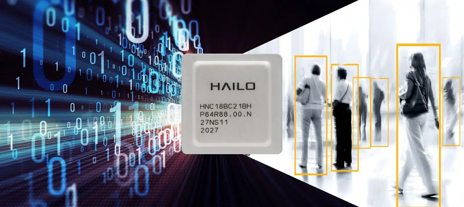 An Edge AI Developer showcasing a halo chip with people walking in front of it.