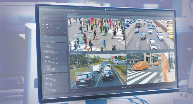 An AI monitor displaying images of a traffic scene connected to a Video Management System.